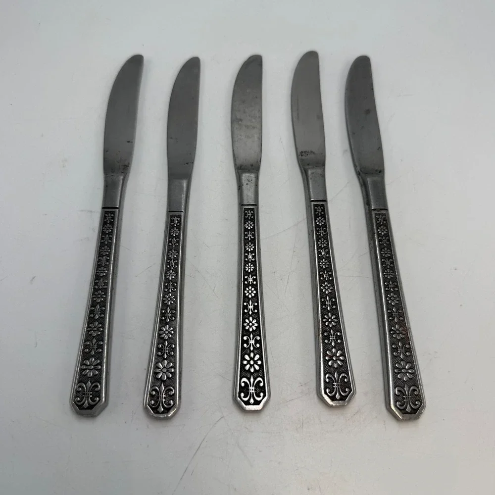 Vintage Interpur Florenz Japan Stainless Steel Fleur De Lis Dinner Knives 5